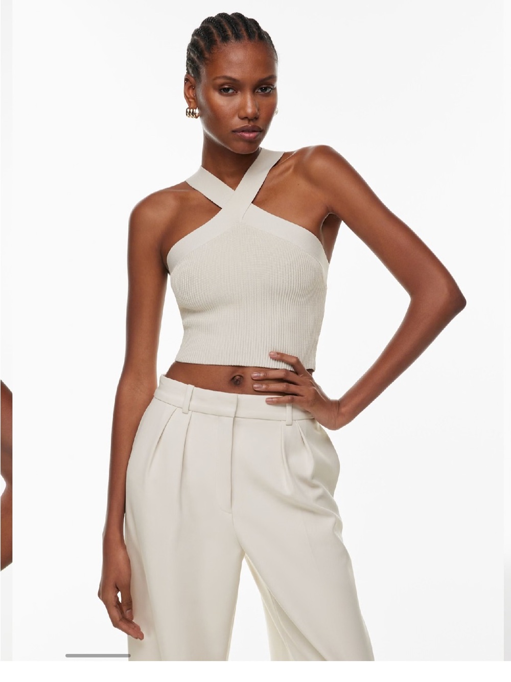 Babaton Cream Cross-Front Ribbed Crop Top